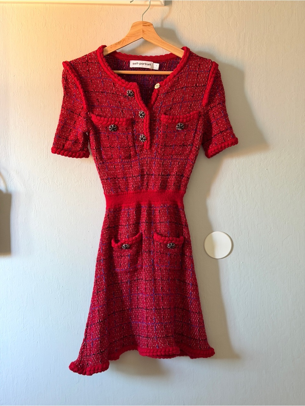 Self-Portrait Red Tweed Short-Sleeve Fit & Flare Dress with Decorative Buttons